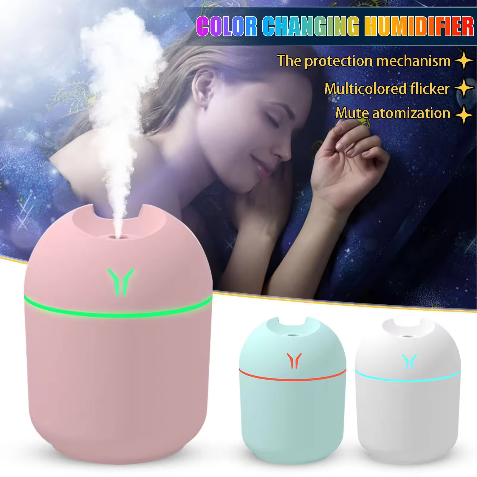 Colorful Cool Mini Humidifier, USB Personal Desktop Humidifier for Car, Office Room, Bedroom,etc. Auto Shut-Off, 2 Mist