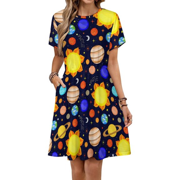 Colorful Cool Planet Short Sleeve Dress Women Summer Evening Dresses Ladies Sundress