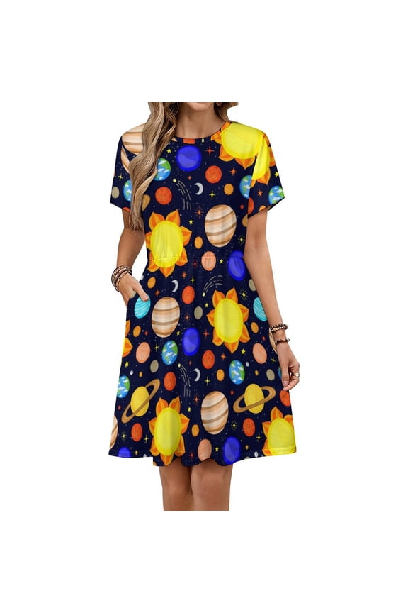 Colorful Cool Planet Short Sleeve Dress Women Summer Evening Dresses Ladies Sundress