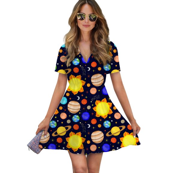 Colorful Cool Planet Women Dress V-Neck Short Sleeve Flowy Swing Party Midi Dress