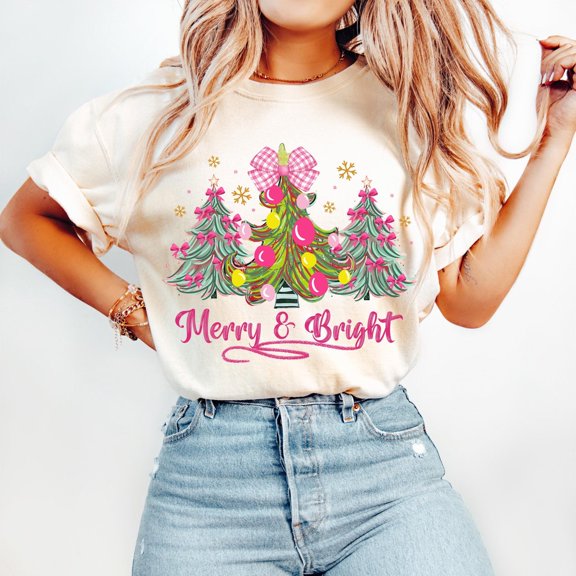 Colorful Coquette Christmas Trees T-shirt, Merry and Bright Shirt, Girly Christmas Tree Design Tee