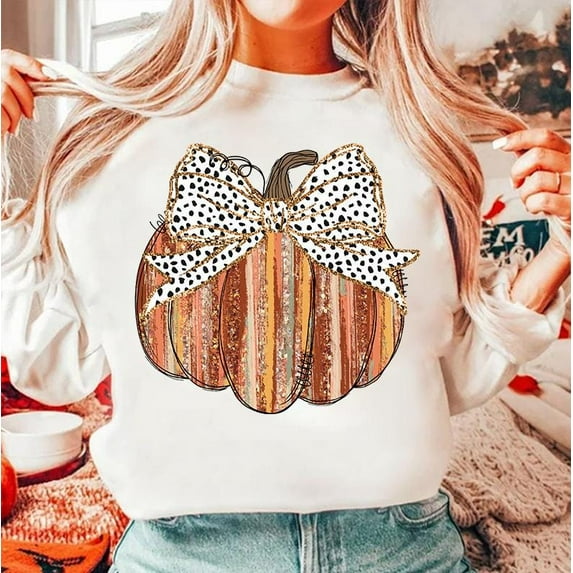 Colorful Coquette Fall Sweatshirt with Gold Glitter Pumpkin, Dalmatian Dots Bow, Brushstroke Art Shirt, Girly Autumn Aesthetic for Pumpkin Lovers