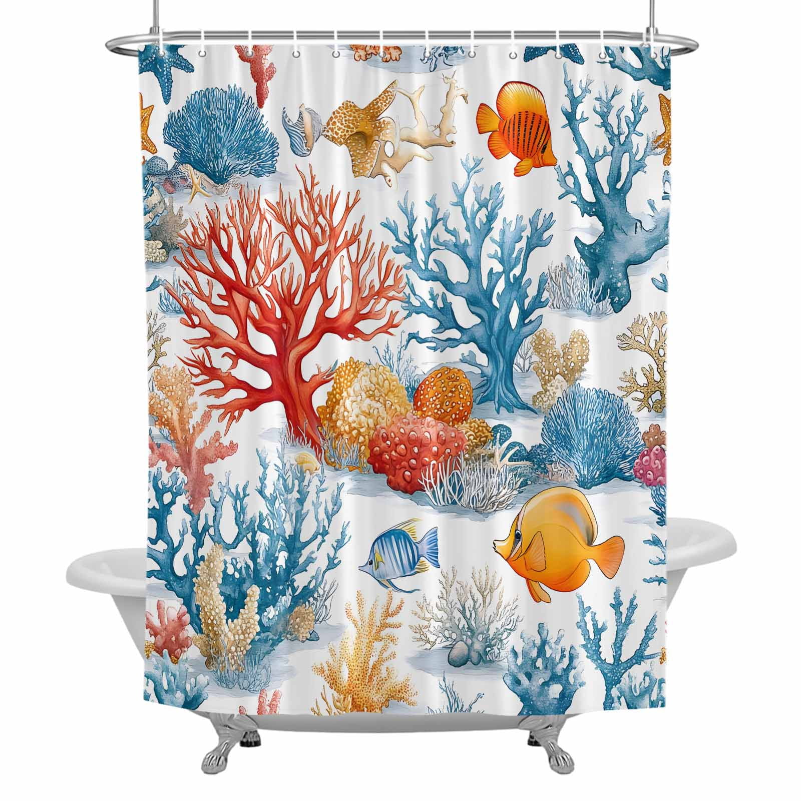 Colorful Coral Bathroom Shower Curtain, Ocean Fish Starfish Shell