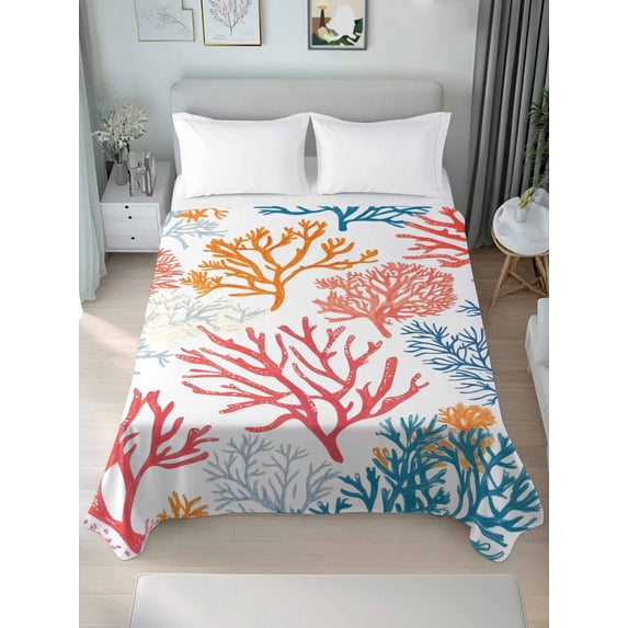 Colorful Coral California King Size Flat Sheet, Wrinkleproof & Fadeproof Cooling Flat Bed Sheet Only, Coastal Ocean Abstract Gradient Sea Breathable Soft Bedding Top Sheets 108 x 98 Inches