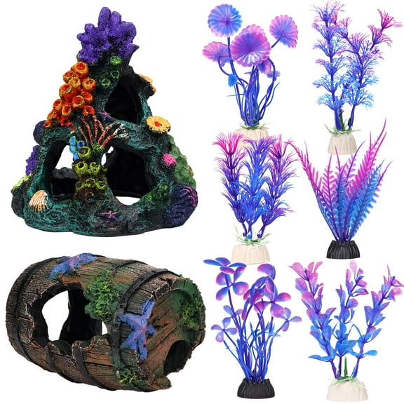 Colorful Coral Reef Aquarium Decor Set - 1 Coral Mountain, 1 Starfish Barrel & 6 Artificial Plants