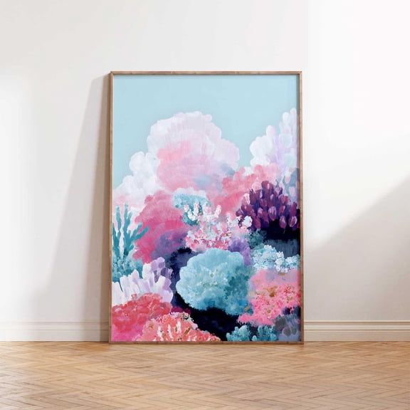 Colorful Coral Reef Wall Art, Ocean Print, Under The Sea Nursery Decor, Coastal Abstract Marine, Maximalist Wall Art #3940, Stretched Canvas Size 8x12