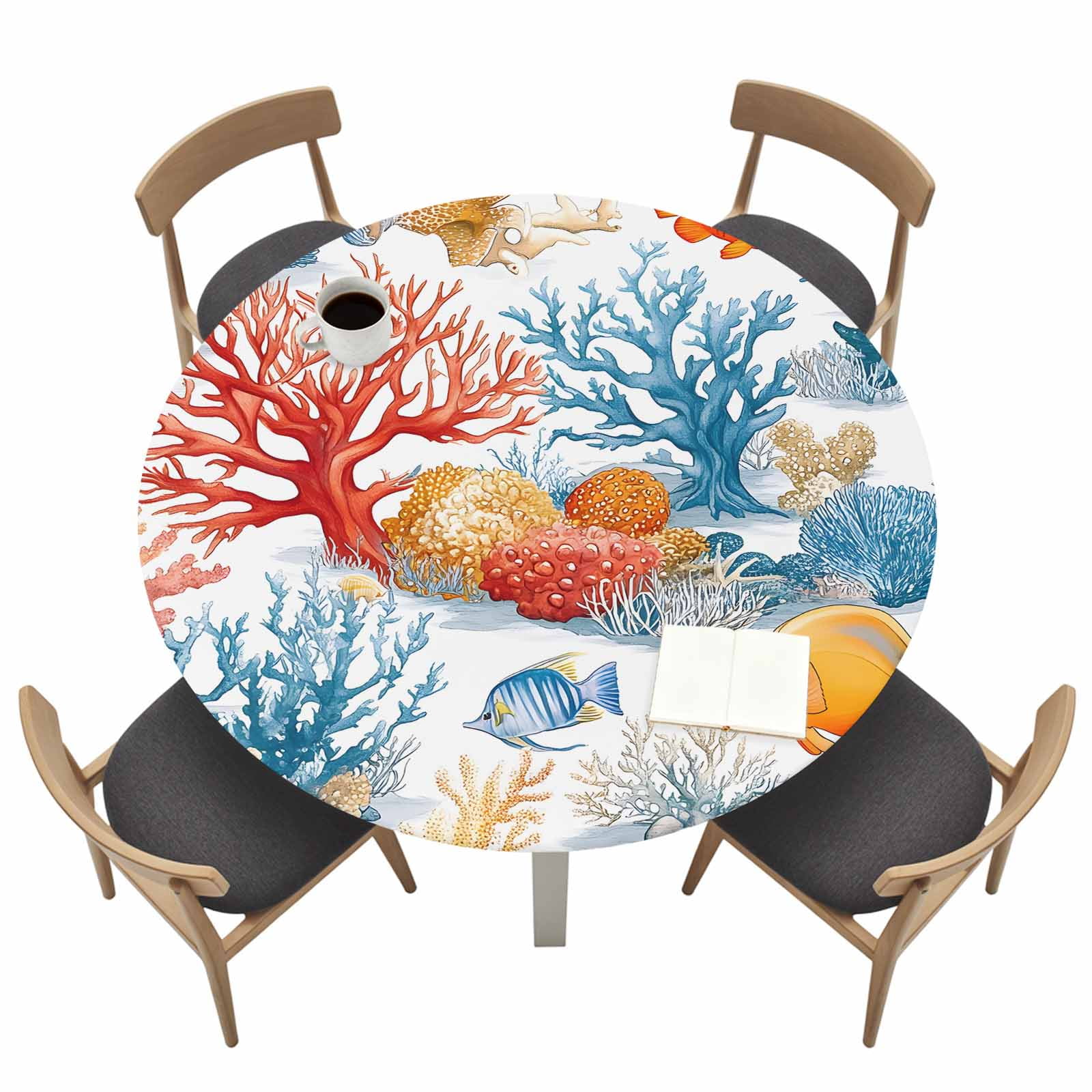 Colorful Coral Round Fitted Tablecloth with Elastic Edge Ocean Fish ...