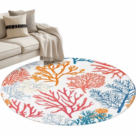 Colorful Coral Round Rug 4ft Area Rug Washable Soft Non-Slip 4' Circle Low Pile Rugs Coastal Ocean Abstract Gradient Sea Carpet for Bedroom Living Room Entryway Home Office Dining Room