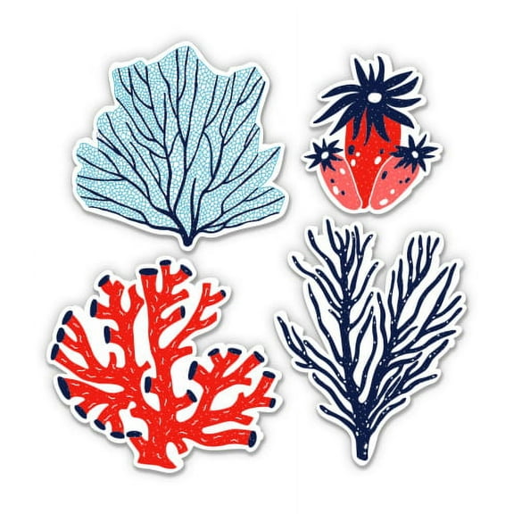 Colorful Coral Set of 4 - 2" each Vinyl Stickers - For Car Laptop I-Pad Phone Helmet Hard Hat - Waterproof Decals