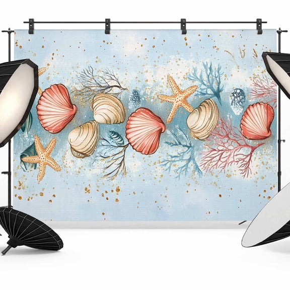 Colorful Coral Shell Backdrop for Photography, Ocean Summer Beach Photo Backdrop Portrait Background Party Banner Photo Backgrounds for Studio Booth Props, 10x8ft