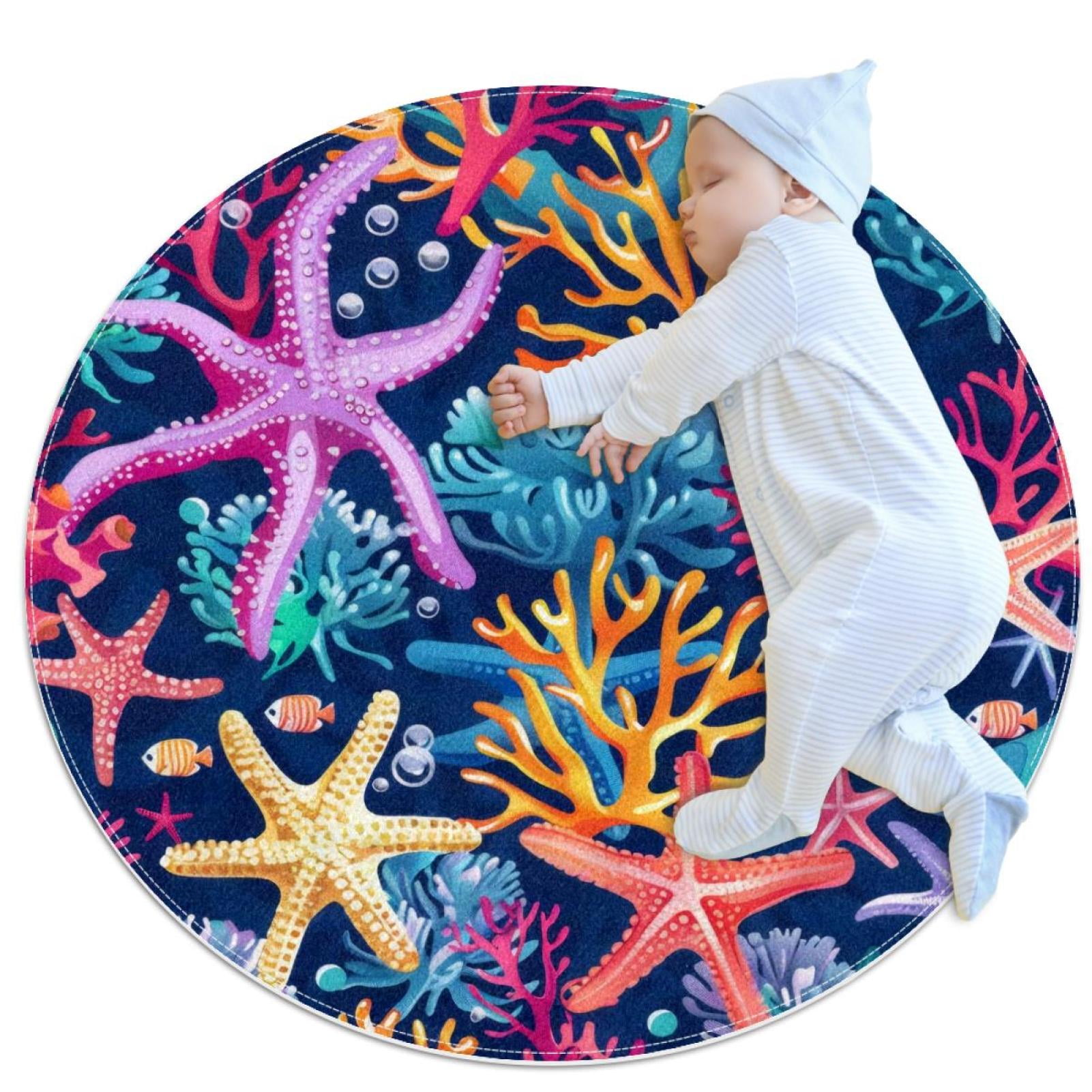 Colorful Coral and Starfish Underwater Background Anti Slip Round Rug