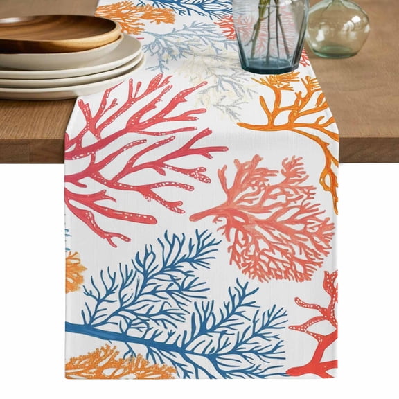 Colorful Coral Table Runner, Coastal Ocean Abstract Gradient Sea Washable Cotton Linen Table Runners 36 Inches Long, Dresser Scarf Runner for Nightstand/End Tables/Round Tables 13''x36''