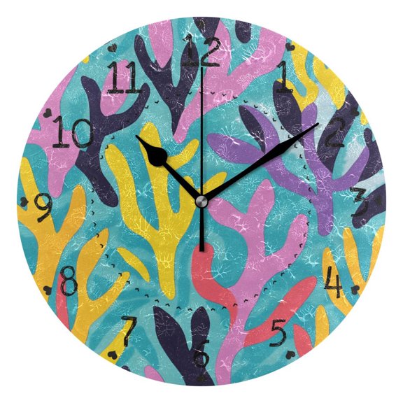 Colorful Corals Tropical Round Wall Clock Silent Analog Battery Operated Black Pointer Home Decor 9.84" Diameter