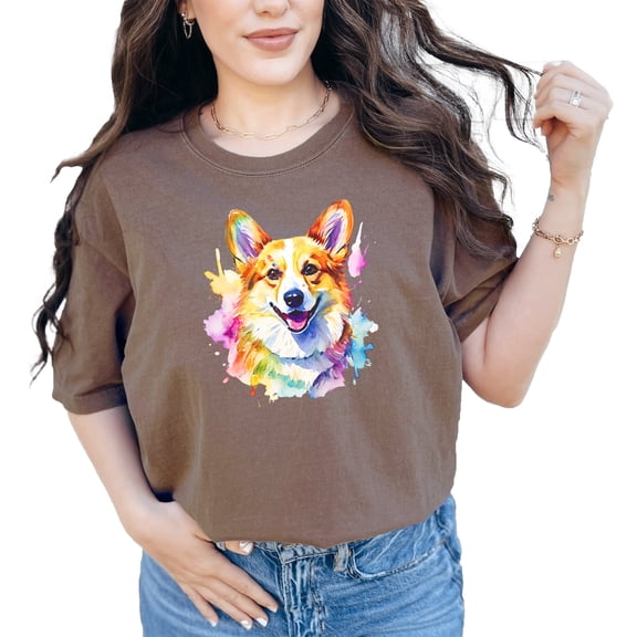 Colorful Corgi Dog T-Shirt, Adorable Watercolor Pet Portrait Tee, Cute Animal Art Shirt for Dog Lovers, Unique Graphic Design Top, Espresso Comfort Colors T-Shirt, Large