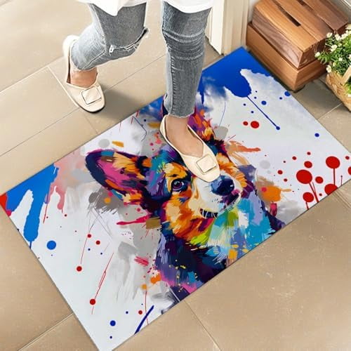 Colorful Corgi Indoor Door Mat 17x30 Inch Floor Doormat with Abstract Paint Splash Dog Design, Puppy Doormats,for Porch Insider,Bedroom,Living Room.