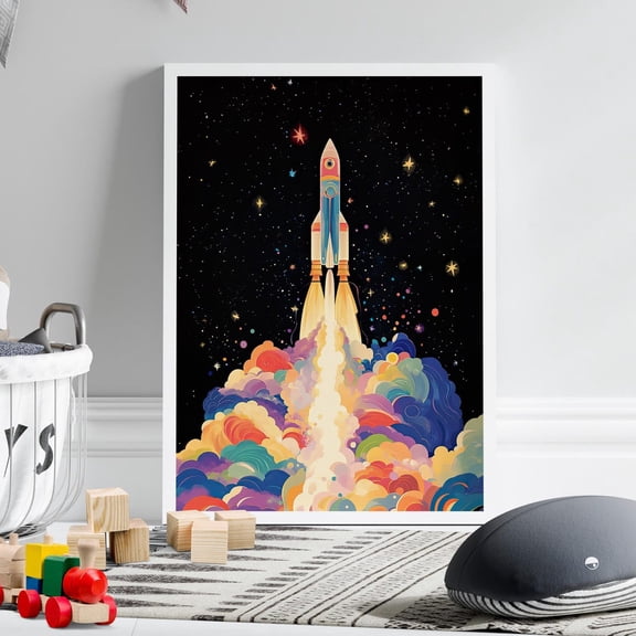 Colorful Cosmic Rocket Launch Wall Art Futuristic Space Decor, Unframed Paper Print Size 8x12