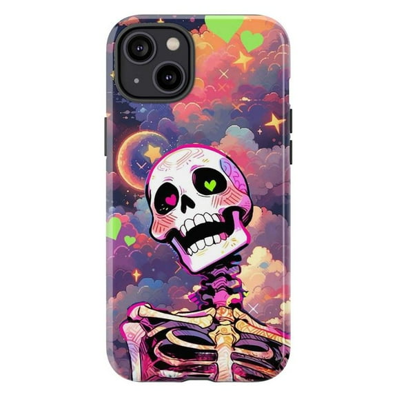 Colorful Cosmic Skeleton Halloween Phone Case, Dual Layer Protective Phone Cover, Trippy Gothic Gift for iPhone 16 15 14 13 12 11 Pro Plus Mini
