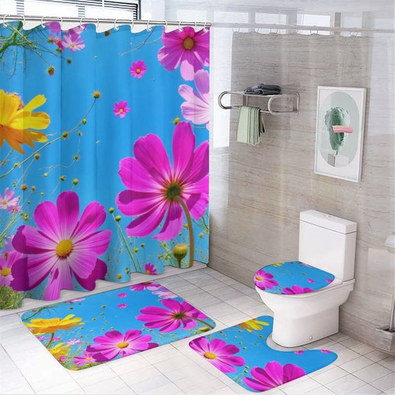Colorful Cosmos Flowers Sky Shower Curtain Waterproof Bathroom Curtain Set with Hooks Home Decor Bathroom Curtains 4pcs