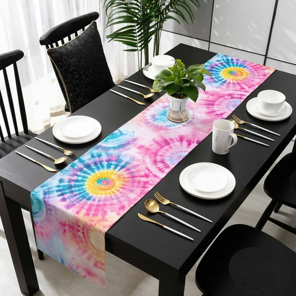Colorful Cotton Linen Table Runner 13 x 70 inch Ethnic Modern Abstract Geometric Watercolor Non-slip Rectangular Dining Table Decor for Wedding Party Holiday Dinner