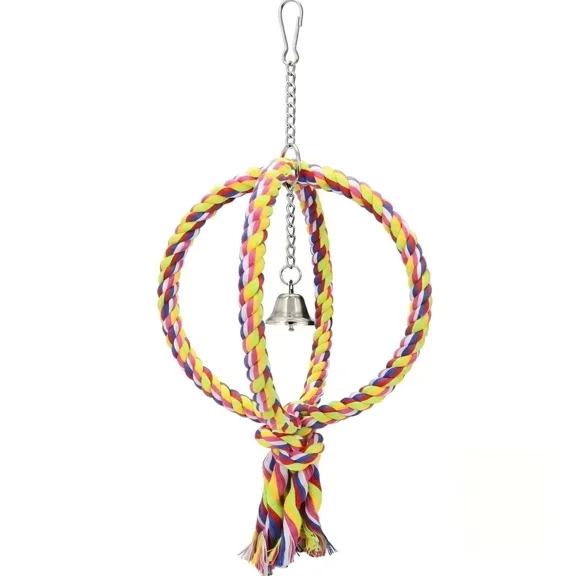 Colorful Cotton Rope Bird Swing Toy with Bell, 2-Ring Hanging Perch for Parrots, Cockatiels, Budgies, Parakeets, and Small to Medium Birds - Cage Accessory