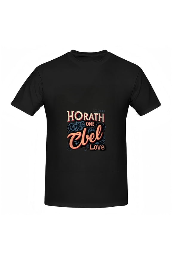Colorful Cotton Short Sleeve T-Shirt for Women - " HORATH ONE Bel Love " Design with Bold Red and Cursive Orange Text on Swirling Blue Background