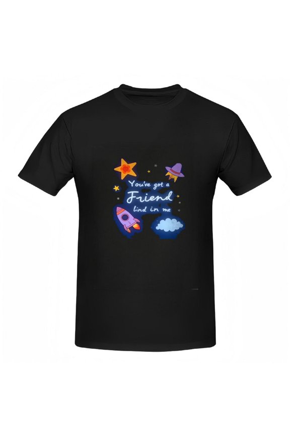 Colorful Cotton Short Sleeve T-Shirt for Women - Whimsical Rocket UFO & Star Design with Playful ' You ' re Got a Friend Kind in Me ' Text