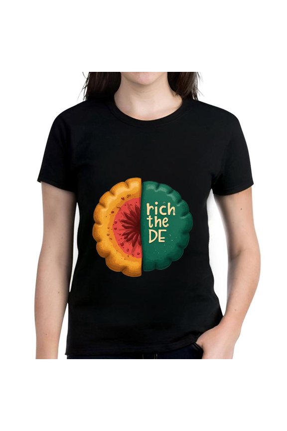Colorful Cotton Short Sleeve T-Shirt with Unique Split Design: Orange Half Green Half Featuring 'rich the DE' Text