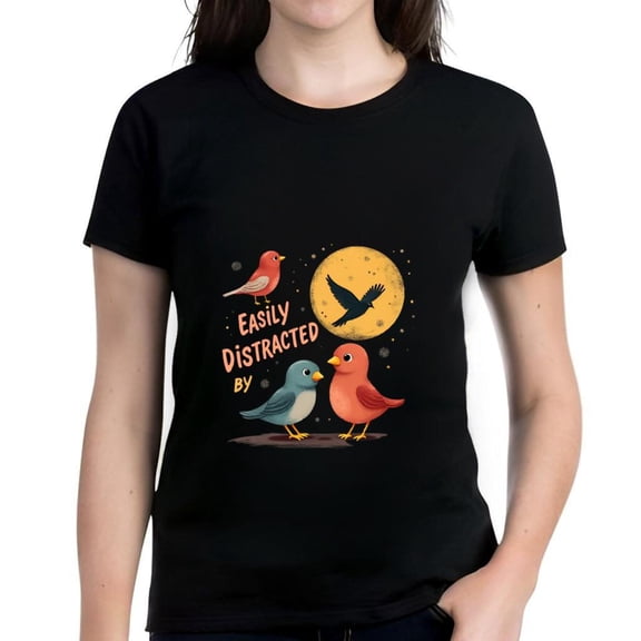Colorful Cotton Short Sleeve T-Shirt with Whimsical Bird Illustration and Moon Design - " EASILY DISTRACTED BY "
