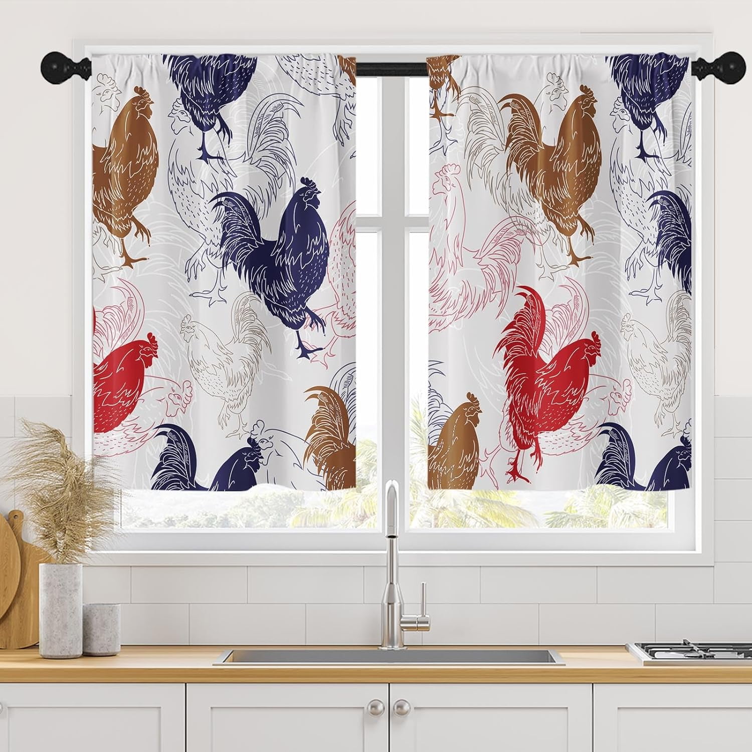 Colorful Country Chicken Roosters Kitchen Curtains, Farmhouse Short ...