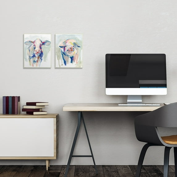 Colorful Cow And Pig Farm Animal 10 in x 15 in Framed Painting Canvas Art Print, by Stupell Home Décor Set of 2