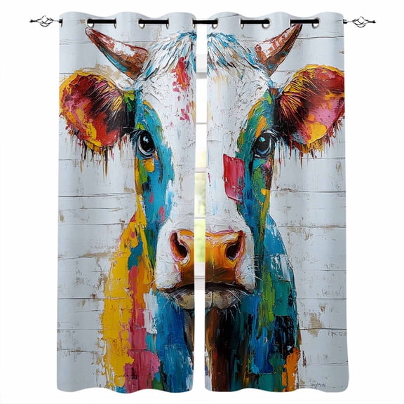 Colorful Cow Blackout Curtains for Bedroom Living Room Darkening Curtains 54 Inch Long Rustic Vintage Abstract Oil Painting Art Short Curtain for Small Window Treatment Grommet Drapes 52"x54"x2
