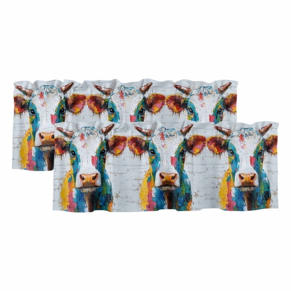 Colorful Cow Curtain Valances for Windows, Kitchen Valance Window Treatments Panel 2 Pack, Rustic Vintage Abstract Oil Painting Art Rod Pocket Short Curtains for Bathroom Bedroom 60 x 18 Inch