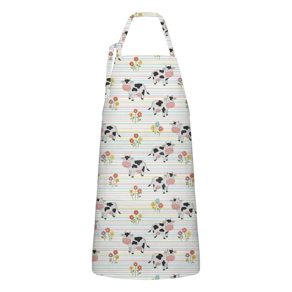 Colorful Cow Flower Pattern Apron-Garden Aprons for Women with Pockets-Cotton Linen Waterproof Kitchen Cooking Gardening Aprons Adjustable for Kitchen,Cooking,BBQ and Salon 33x27 Inch