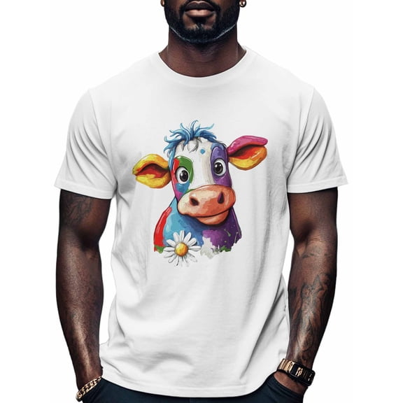 Colorful Cow Men's T Shirts Daisy T-Shirt for Men Animal Crew Neck Tees Cotton Tops, White, 2XL