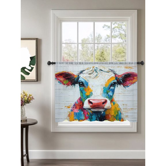 Colorful Cow Sheer Curtains 45 Inch Long 1 Panel Rustic Animal Abstract Cattle Wood Grain Rod Pocket Voile Cafe Curtains Light Filtering Small Window Treatments for Kitchen Basement 52" x 45"