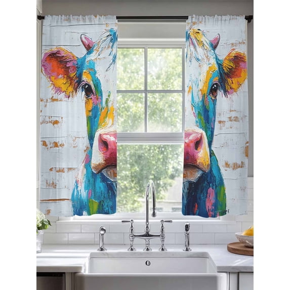 Colorful Cow Sheer Curtains for Living Room Bedroom Country Retro Abstract Animals Wooden Grain Sheer Curtains 63 Inch Long 2 Panels Set Light Filtering Curtain Window Treatments Drapes