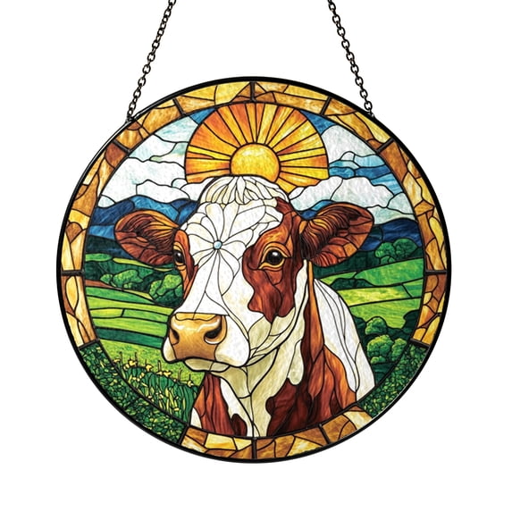 Colorful Cow and Sun Stained Glass Art, Country Farmhouse Window Panel ...