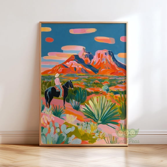 Colorful Cowboy Western Print, Mid Century Desert Art, Vibrant Southwestern Landscape Poster, Retro Western Wall Decor Unframed Paper Print