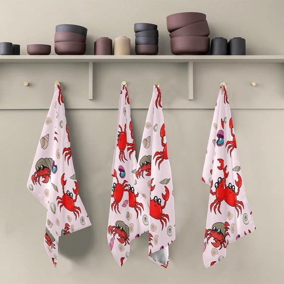 Colorful Crab Cartoon Drawing Tea Towels Set of 6 Shell Horse Conch Kitchen Dish Cloth with Hanging Loop, 18"x28"Lint-Free Absorbent Towel for Kitchen Drying Wiping and Cleaning