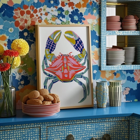 Colorful Crab Wall Art Print, Coastal Nautical Decor, Unframed Paper Poster 8x10in