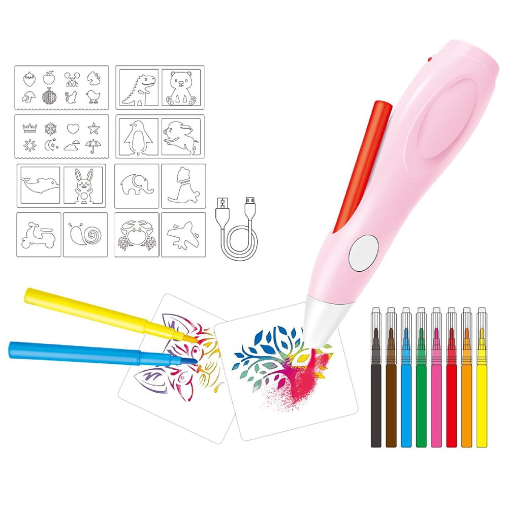 Colorful Craft Fun Set, Sidewalk Chalk Stencils with Projection Drawing Toy, Adjustable Projection Size for Creative Play (Bright Plastic, 8 Felt Pens Included)