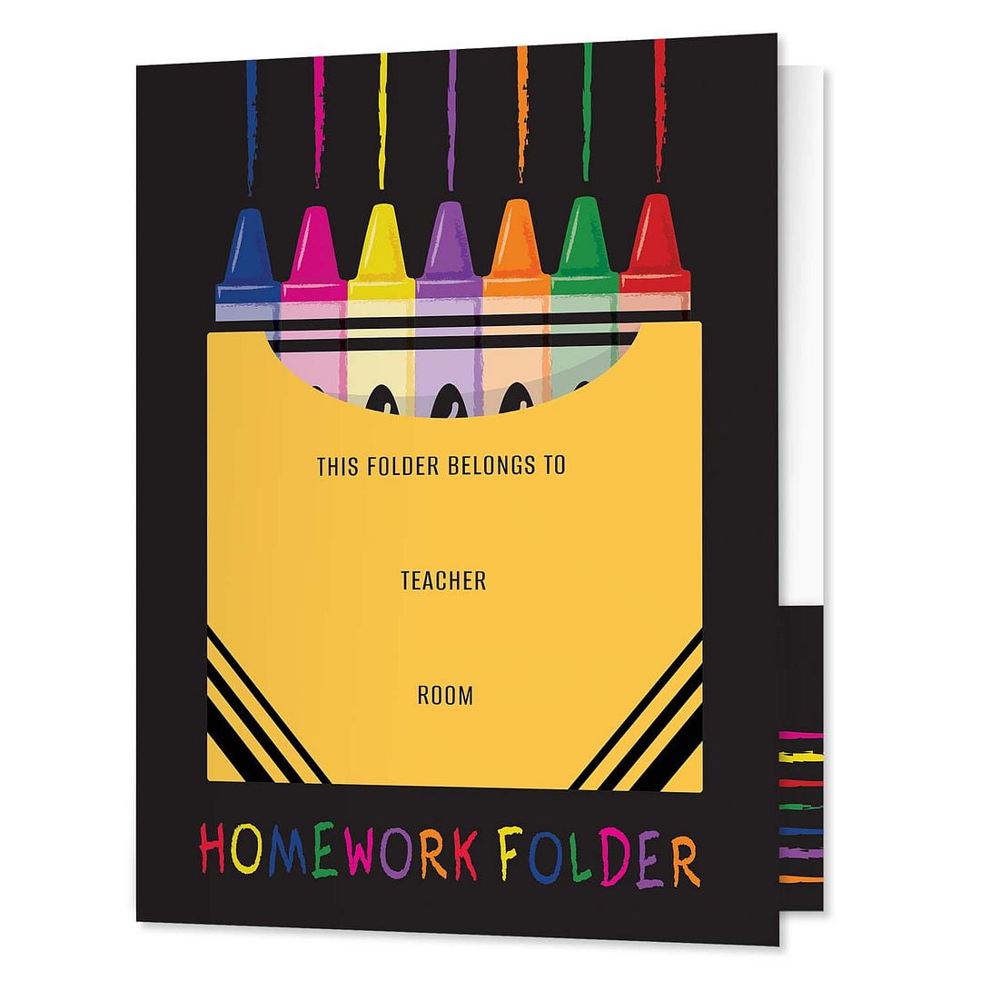 Colorful Crayon Box Homework Folders / 25 Vibrant Classroom Student Folders / 9" x 12" School Teacher 2 Pocket Organizational Black Desk Folder Pack / Made In The USA