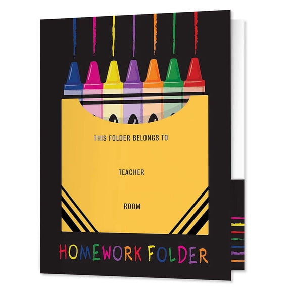 Colorful Crayon Box Homework Folders / 25 Vibrant Classroom Student Folders / 9" x 12" School Teacher 2 Pocket Organizational Black Desk Folder Pack / Made In The USA