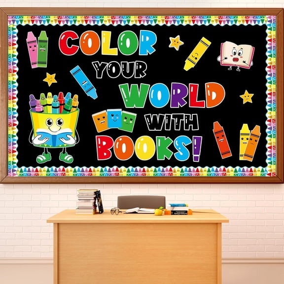 Colorful Crayon Bulletin Board Decorations Reading Crayon Paper Cutouts Motivational Books Bulletin Board Set for Back to School Teacher Students Door Wall Chalkboard Decor Supplies