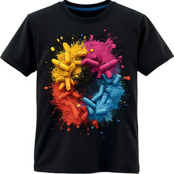 Colorful Crayon Circle Graphic on Black T-Shirt Unique Splatter Design