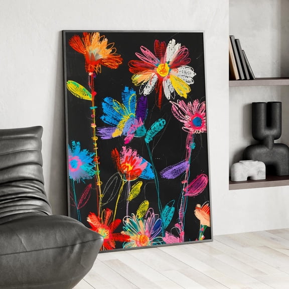 Colorful Crayon Flowers Wall Art, Playful Minimal Kids Decor, Unframed Paper Print Size 8x12