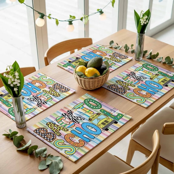 Colorful Crayon School Bus Placemats Set of 4,Wipeable Washable Table Mats for Dining Tables, Back to School Season Place Mats for Kitchen Event Party Tabletop Decor