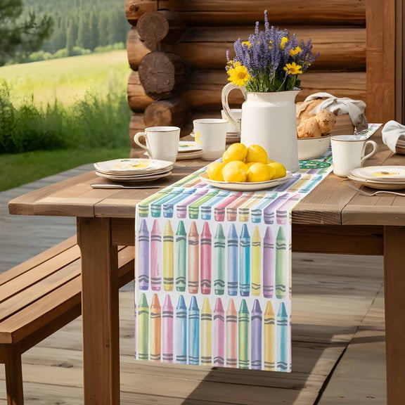Colorful Crayon School Bus Table Runner 13x70in Non-Slip Cotton Linen Table Runners, Back to School Season Dresser Scarves TableRunner for Dinner Kitchen Dining Wedding Party