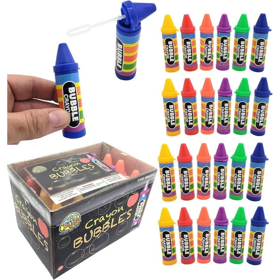 Colorful Crayon Shaped Bubble Bottles (24 Pack) Comes in a Nice Display Box. Non Toxic and Safe. Blowing Bubbles Great for Party Favor for Kids, Toddlers.