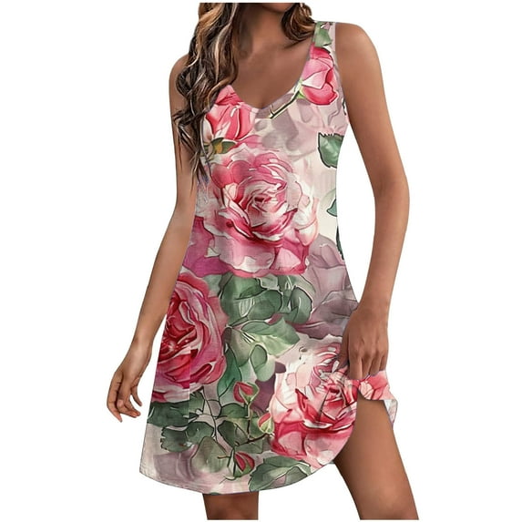 Colorful Crewneck Spandex Dresses for Women Summer Fall Sleeveless Floral Graphic Midi Knee High Loose Fit Lounge Dresses Womens 2025 Clothing Country Concert Y2K L